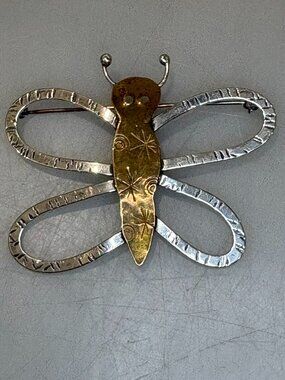 Artisan Crafted Mixed Metal Silver Brass Dragonfly Butterfly Brooch 2.5" Vintage
